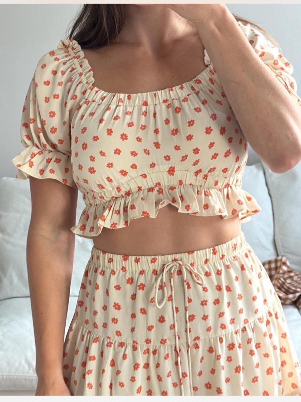 SABO SKIRT : 2 piece set cream orange floral crop top + skirt SMALL